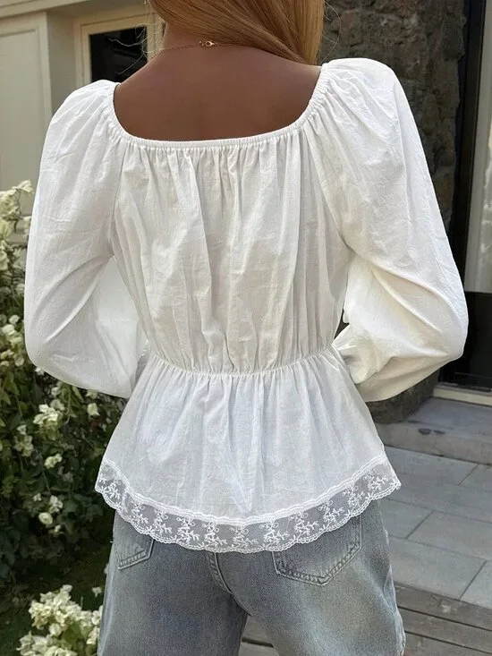 White Casual Women's Cotton Lace Patchwork Beach Vacation Shirt - Picture 2 of 7